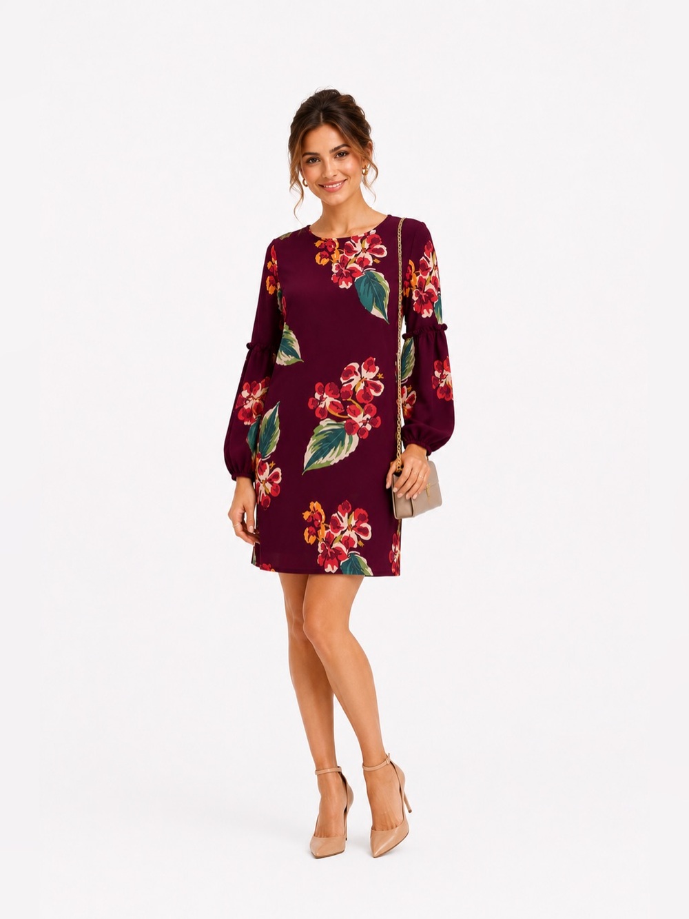 LOFT Burgundy Floral Long Sleeve Dress